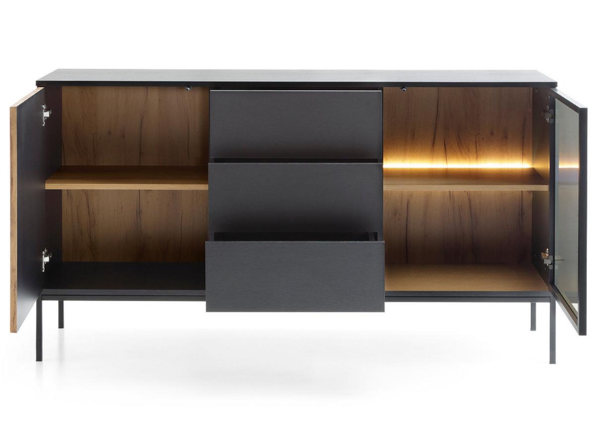 KOMMODE Graphit, Wotan Eichefarben 154/83/39 cm Deo - Eiche Wotan/Schwarz, Glas/Naturmaterialien (154/83/39cm) - Graingold