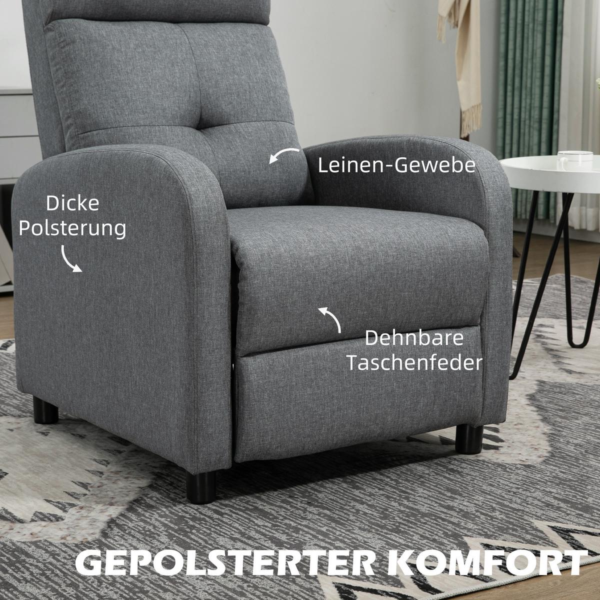 RELAXSESSEL, Fernsehsessel mit Liegefunktion, TV-Sessel mit Leinenoptik, Grau - Grau, Textil (67/98/87cm) - HOMCOM