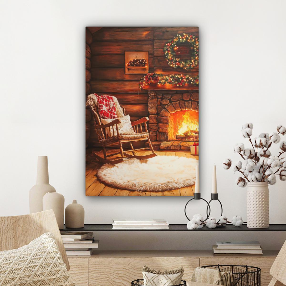 LEINWANDBILD Winter - Weihnachten - Zuhause - Kamin Wanddeko Schlafzimmer 60x90 cm - Bernsteinfarben, Textil (60/90cm) - MuchoWow