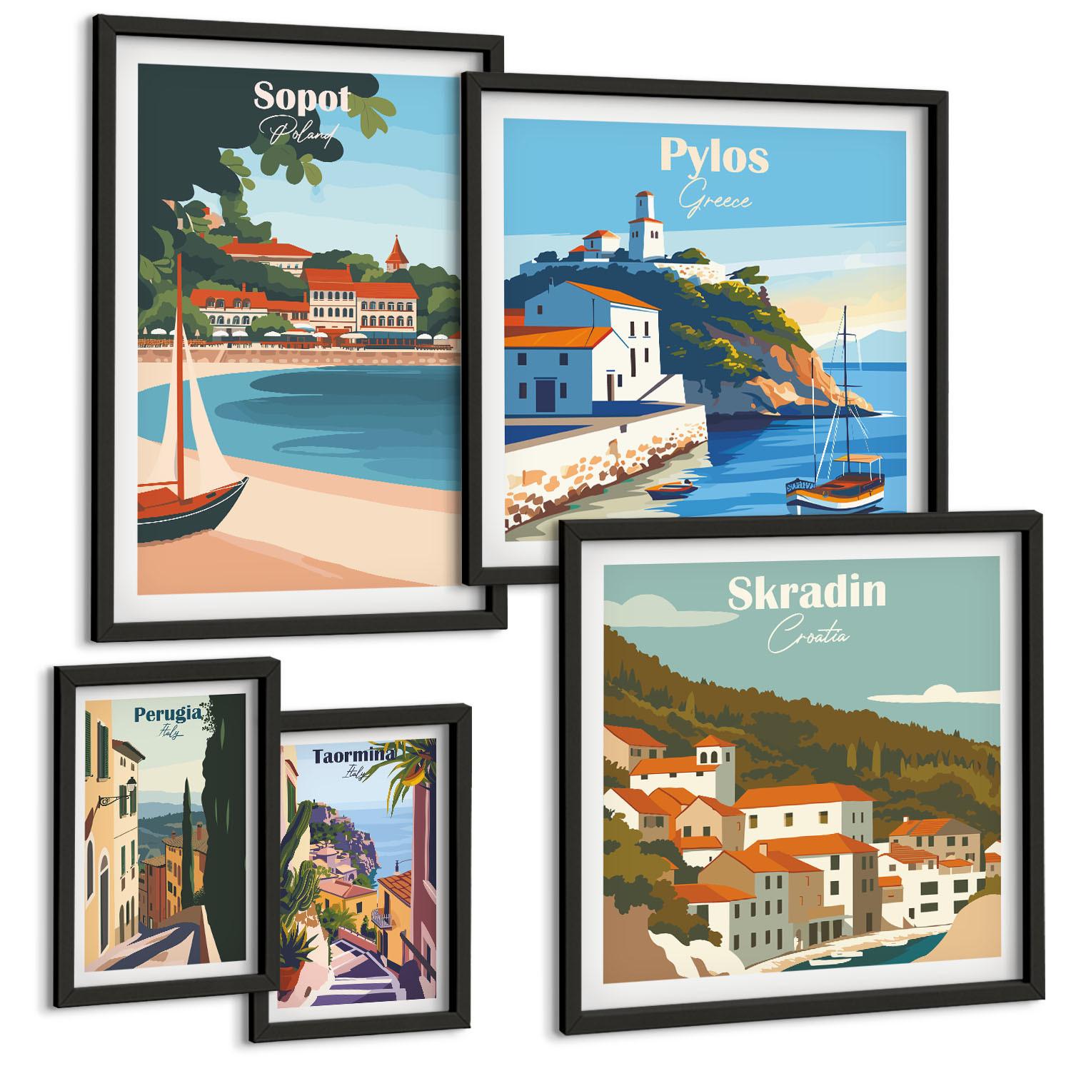 BILDER SET 5er Set - 50x50 cm & 20x30 cm & 40x60 cm Schwarzer Rahmen - Retro-Landschaften im malerischen Stil - Schwarz, Kunststoff (40/60cm) - TULUP