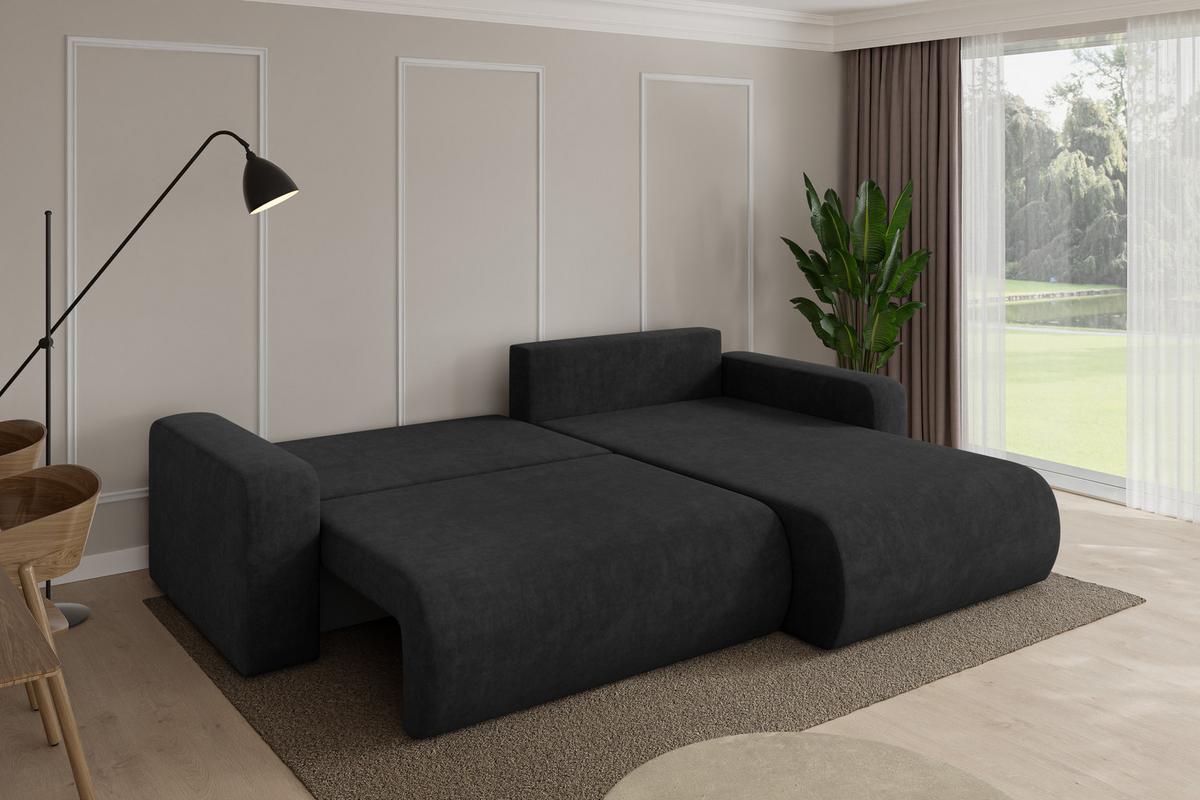 ECKSOFA mit Schlaffunktion Ottomane Rechts BERY-L 276x193x88 Schwarz Velours - Schwarz, Holzwerkstoff/Kunststoff (276/193cm) - ALTDECOR