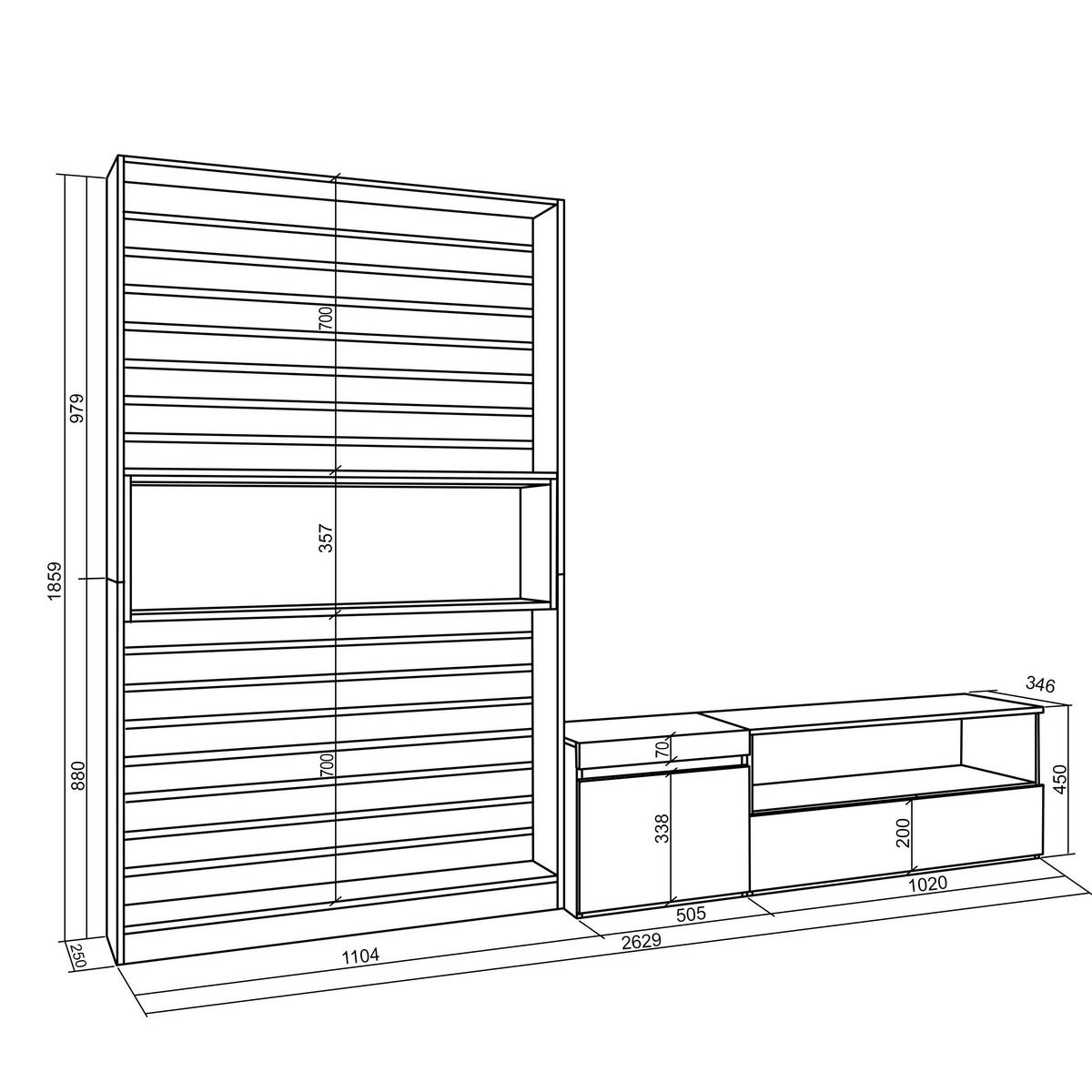 WOHNWAND eiche, schwarz, 260/35/186cm - Eichefarben/Schwarz, Holzwerkstoff (260/186/35cm) - Skraut Home