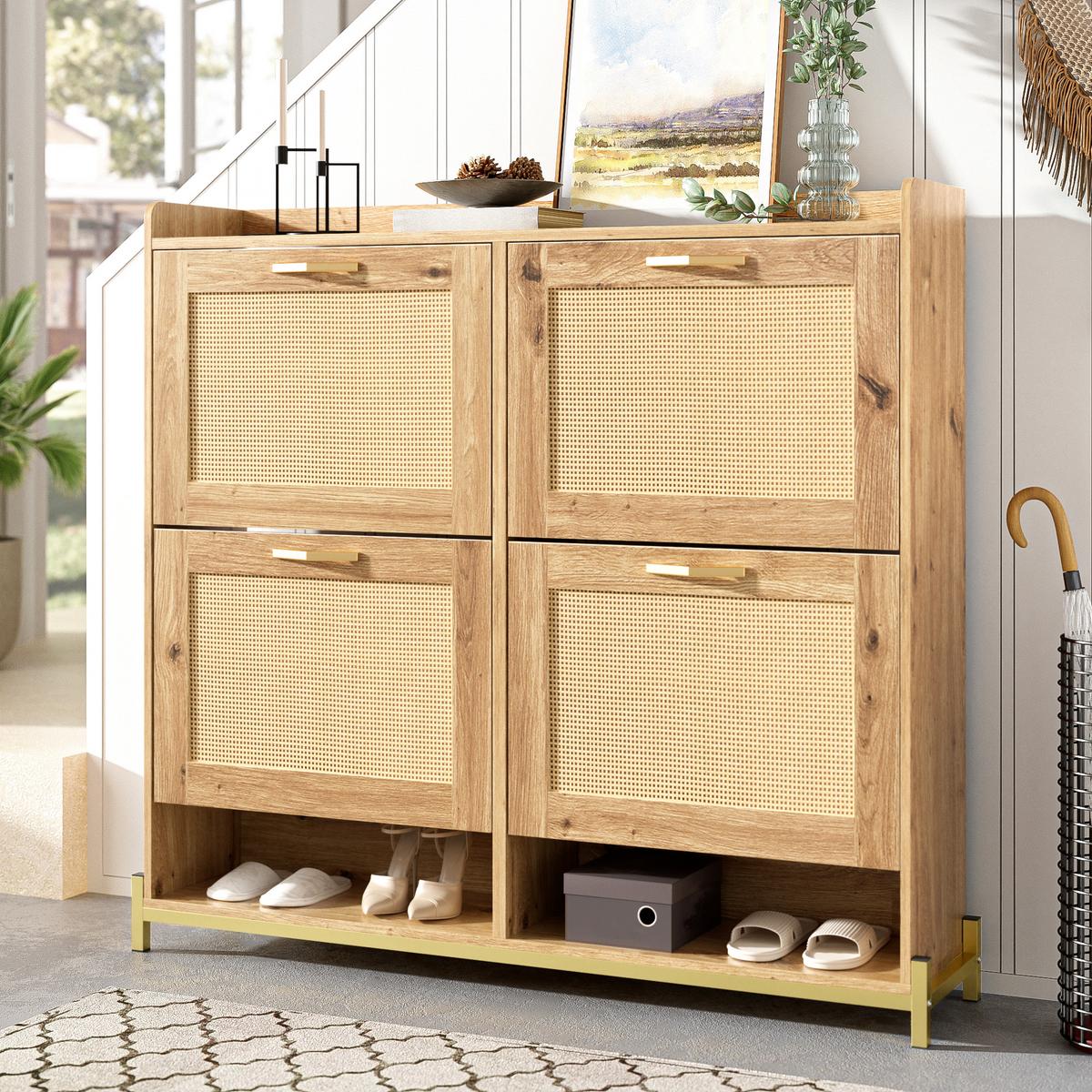 SCHUHSCHRANK aus Holz mit Rattantüren - Hellbraun, Holzwerkstoff (24/100/108cm) - Urban Meuble