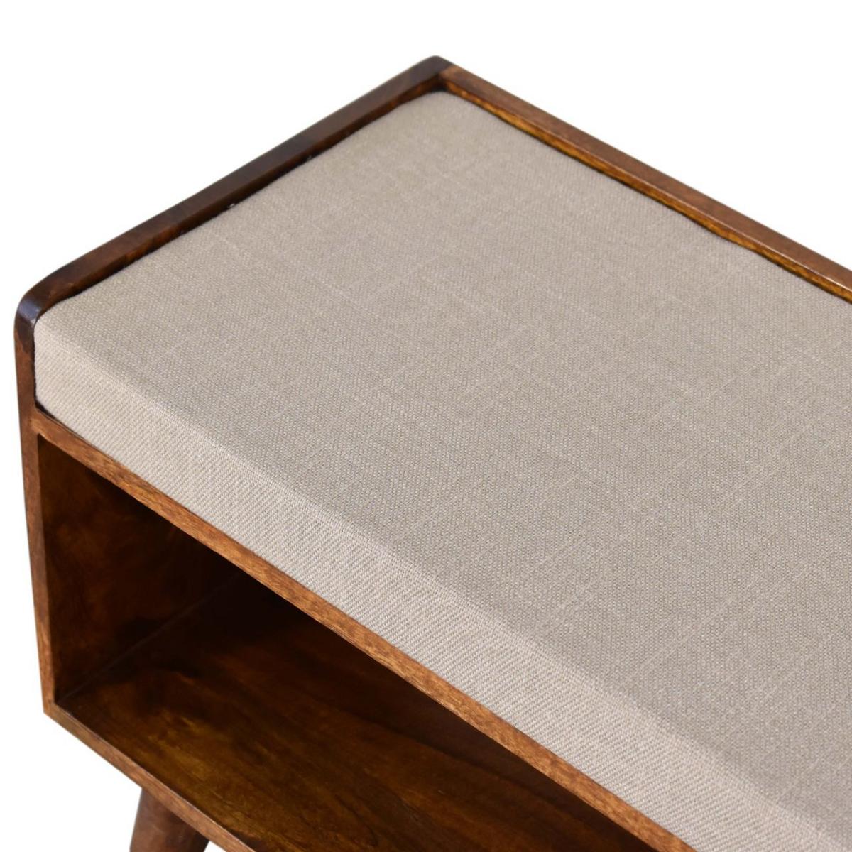 SCHUHBANK Massivholz Mud Leinen Nordic, Gepolsterte Sitzfläche und Offenes Regal zur Aufbewahrung, Dunkelbraun - Beige/Dunkelbraun, Mangoholz/Holz (90/45/34cm) - Artisan Furniture