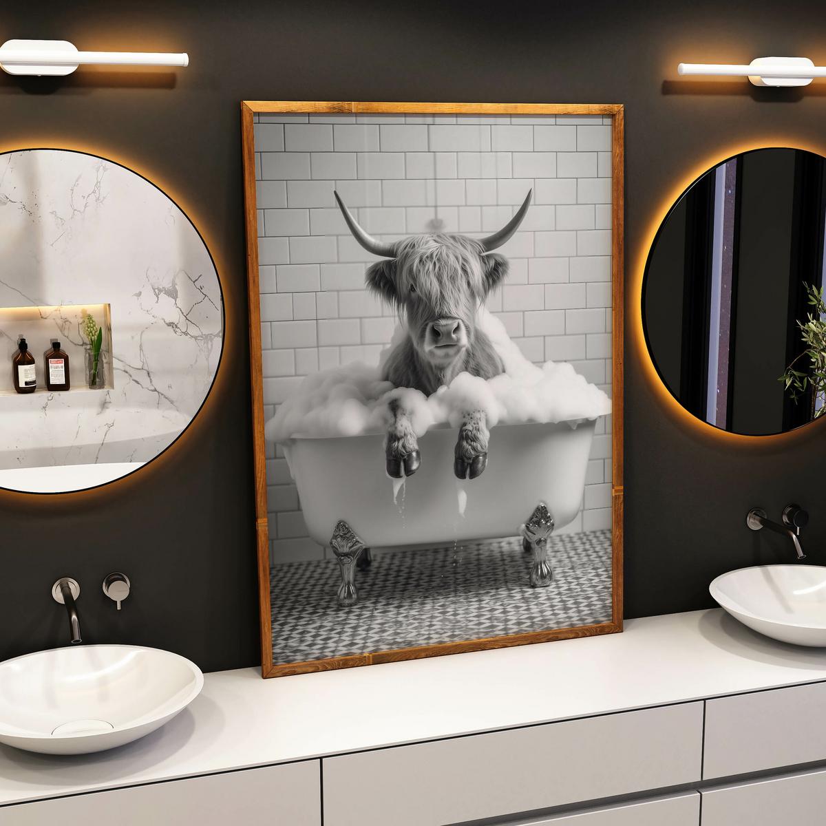 POSTER für WC Badezimmer SCHOTTISCHE KUH in Badewanne Schwarz-Weiß Abstraktion 20x30cm - Schwarz/Weiß, Papier (20/30/30cm) - Muralo