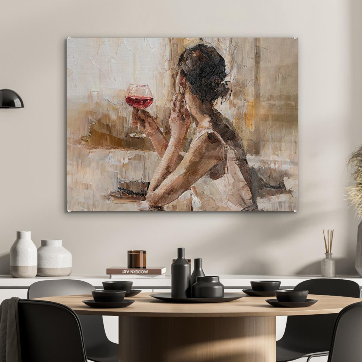 ACRYLGLASBILD Ölgemälde - Frau - Wein 80x60 cm - Hellbraun, Glas (80/60cm) - MuchoWow