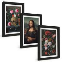 BILDER SET 3er Set - 20x30 cm Schwarzer Rahmen - Blumenschädel-Porträt Mona Lisa - Schwarz, Kunststoff (20/30cm) - TULUP