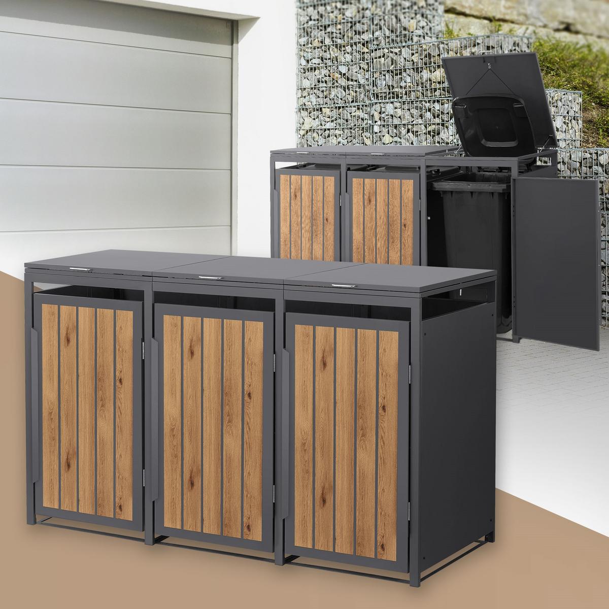 MÜLLTONNENBOX 3er 240L 196x80x120 cm Anthrazit-Eiche hell aus Stahl - Hellbraun, Metall (80/120/196cm) - ML-DESIGN
