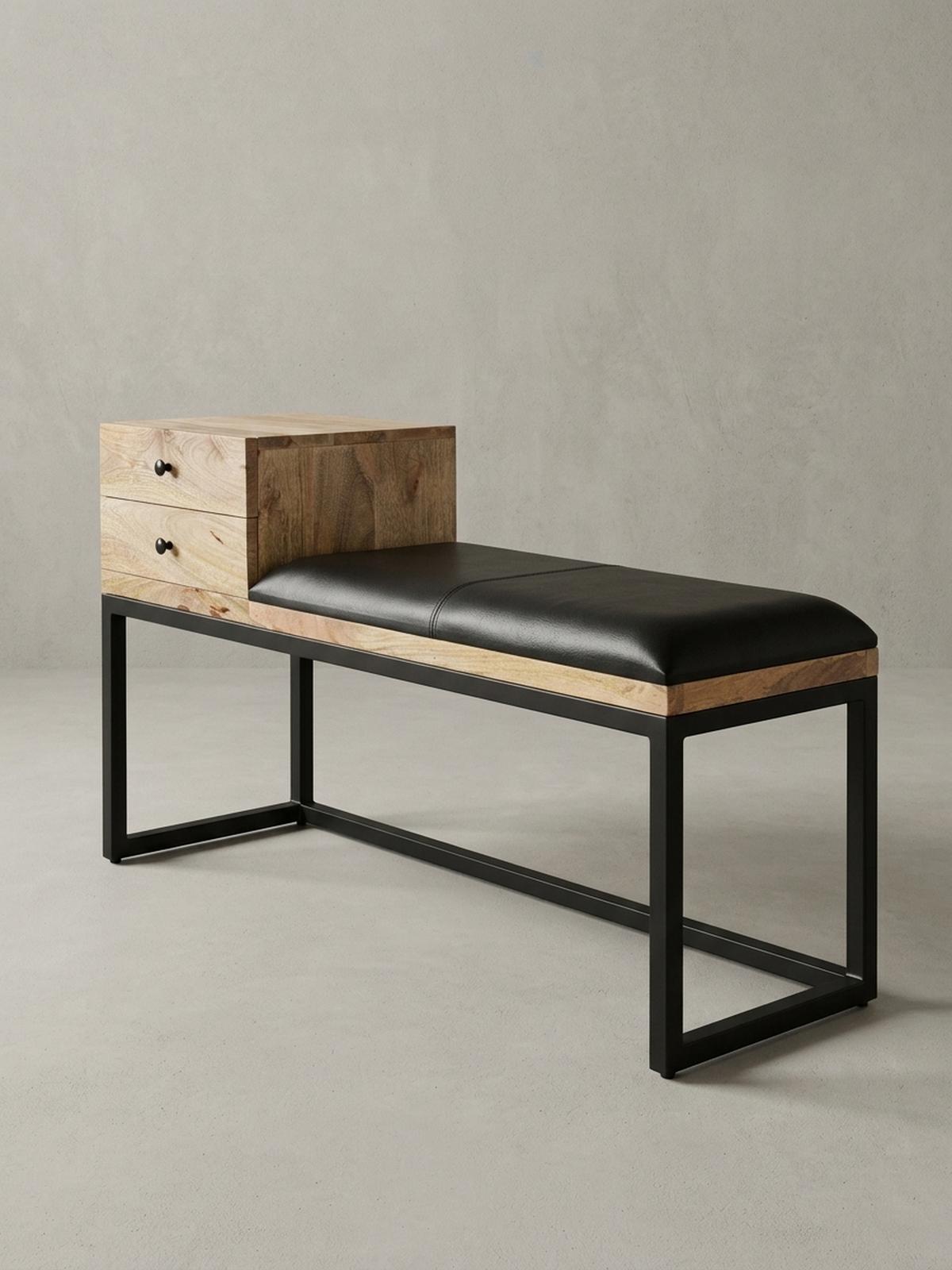 SITZBANK – Ziegenleder/Metall, Schubladen, Retro-Stil - Schwarz/Braun, Leder/Metall (100/60/35cm) - KADIMA DESIGN