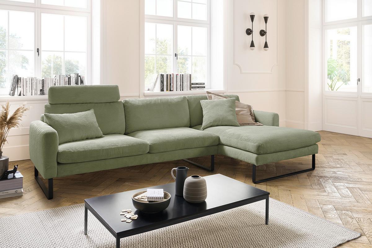 ECKSOFA RICARDA Dunkelgrün Cord - Dunkelgrün/Schwarz, Textil/Metall (298/154cm) - KAWOLA