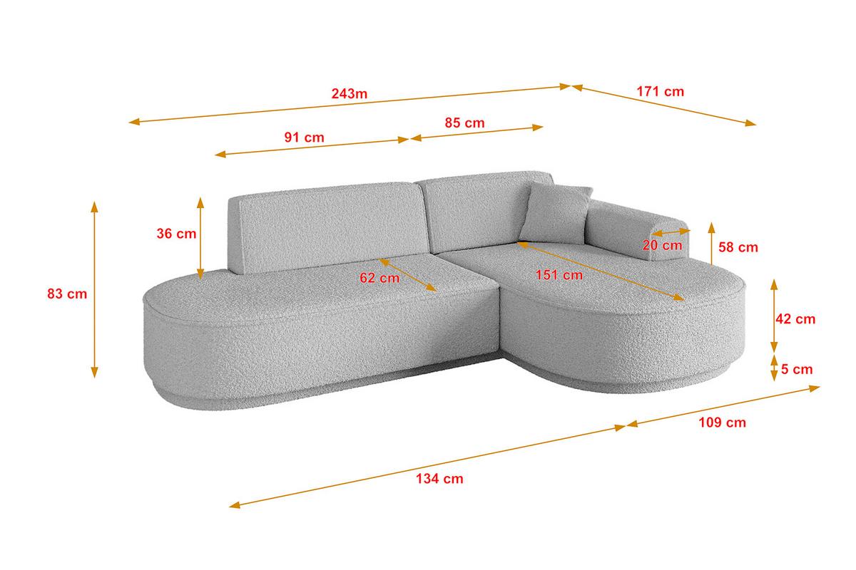 ECKSOFA Ottomane Rechts MARI-L1-v3 - 243x171x83 cm Hellgrau Bouclé - Hellgrau/Schwarz, Holzwerkstoff/Kunststoff (171/243cm) - ALTDECOR