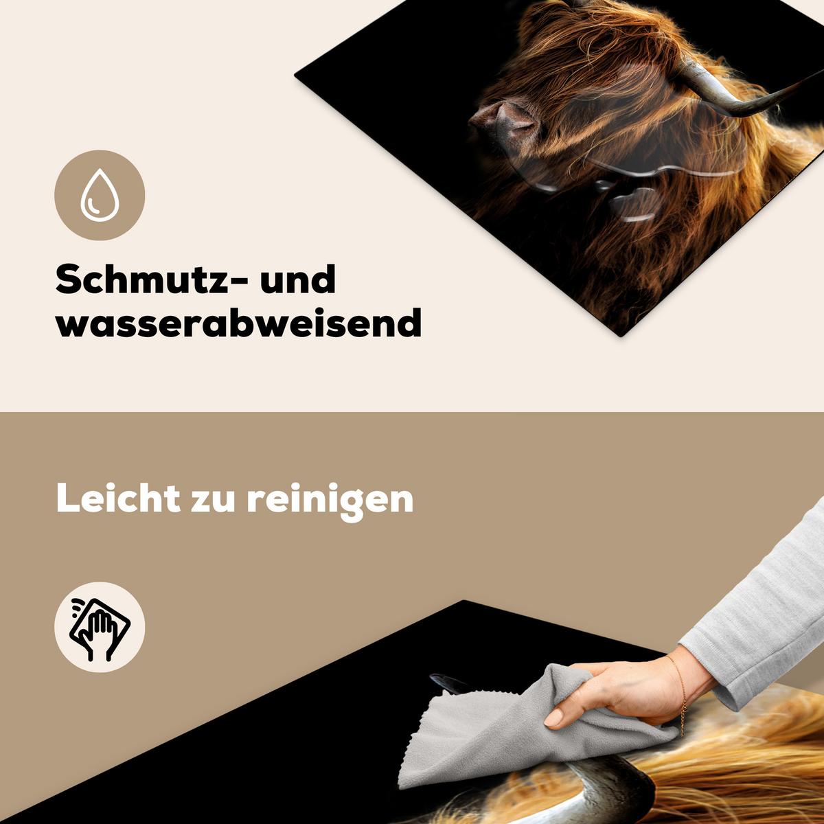 HERDABDECKPLATTE Schottischer Highlander - Hörner - Schwarz - Tiere - Natur - Wild - Kuh Abdeckung Ceranfeld 59x51 cm - Cognac, Kunststoff (59/51/0.2cm) - MuchoWow