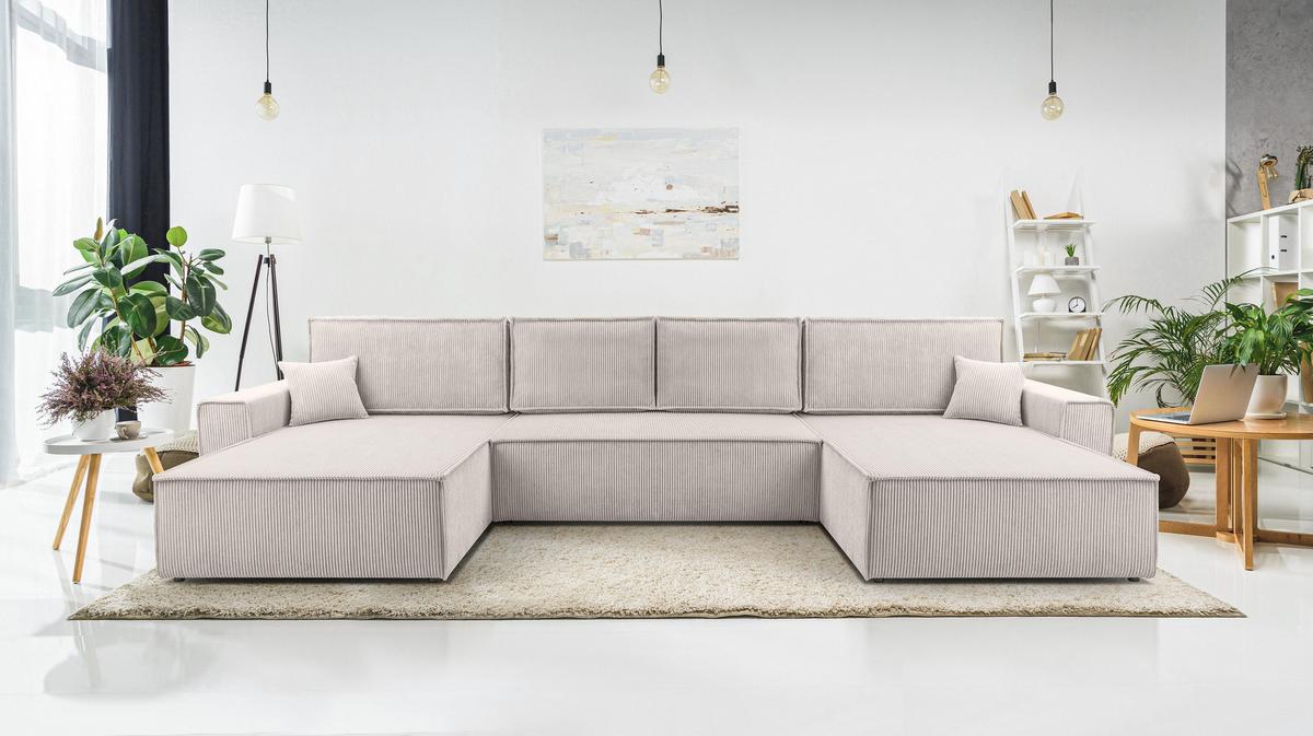 WOHNLANDSCHAFT Cedria Weiß 389/145/85 cm mit Schlaffunktion - Creme/Schwarz, Kunststoff/Textil (389/85/145cm) - AX Living