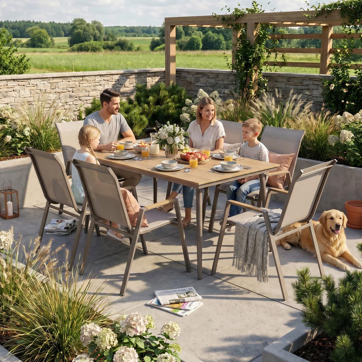 GARTENSET Valencia, 6 stapelbare Stühle + großer Esstisch 200x90 cm, Polywood-Tischplatte, Beige - Beige, Metall - Beautysofa