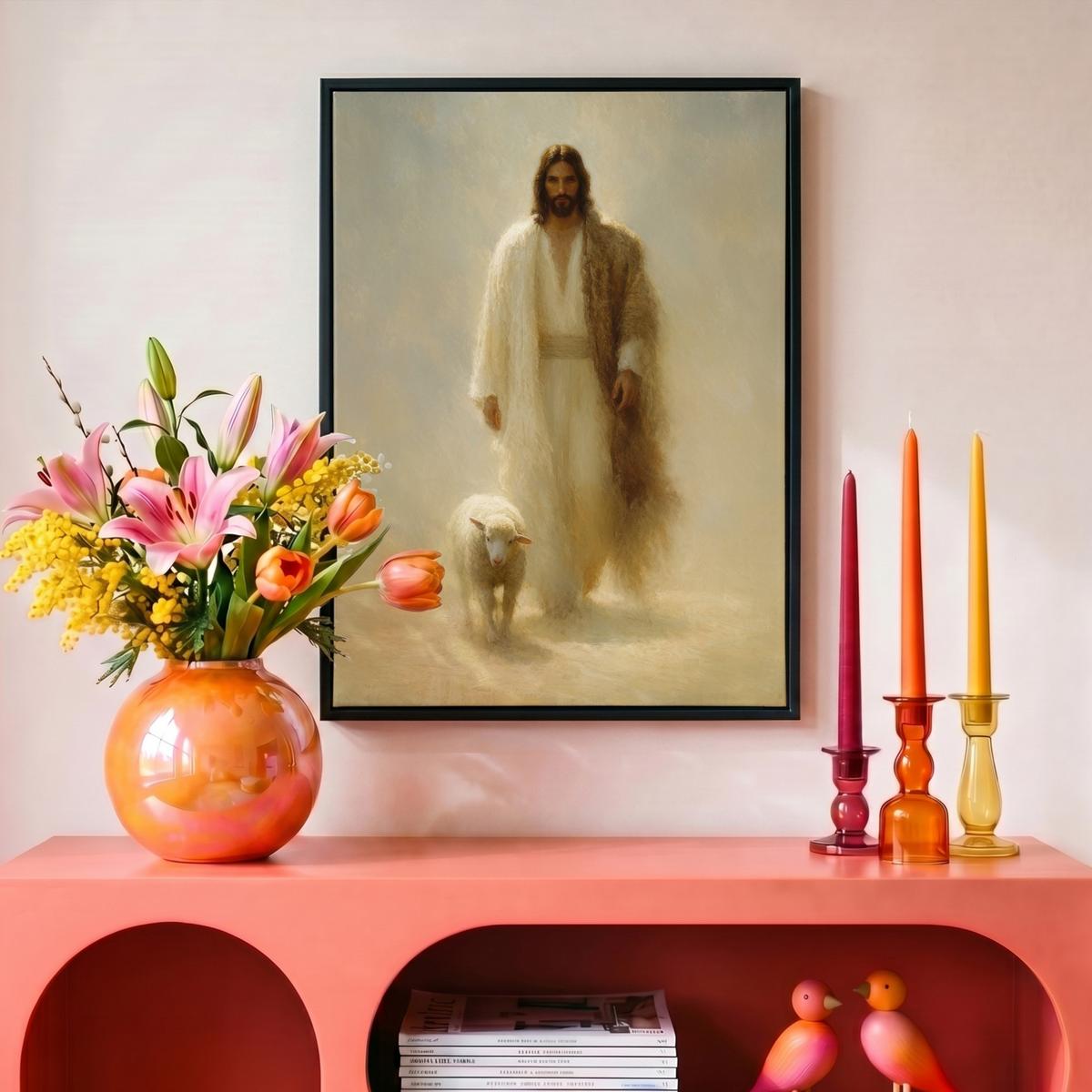 LEINWAND Bilder mit Rahmen - Schaf - Jesus - Pinselstriche - Abstrakt - 30x40 - Beige, Textil (30/40cm) - MuchoWow
