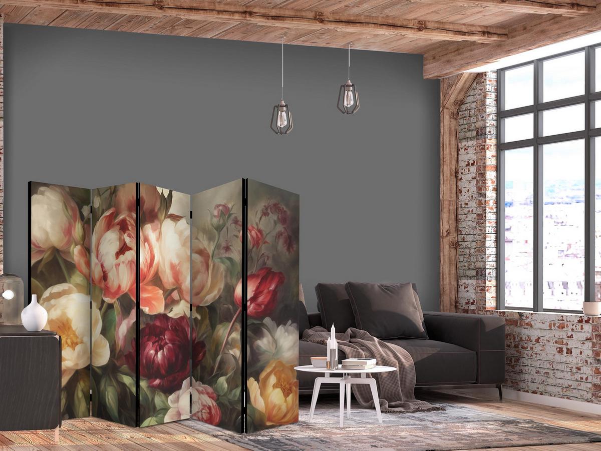 PARAVENT 5-tlg 225x172 cm Blühende Pfingstrosen - Multicolor, Holz/Textil (225/172/3cm) - Muralo