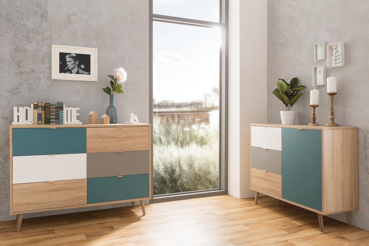 KOMMODE Eiche Sonoma, Petrol, weiß, grau, Anrichte Tricolor skandinavisch - Eichefarben/Petrol, Holz/Holzwerkstoff (103/87/40cm) - Furn.Design