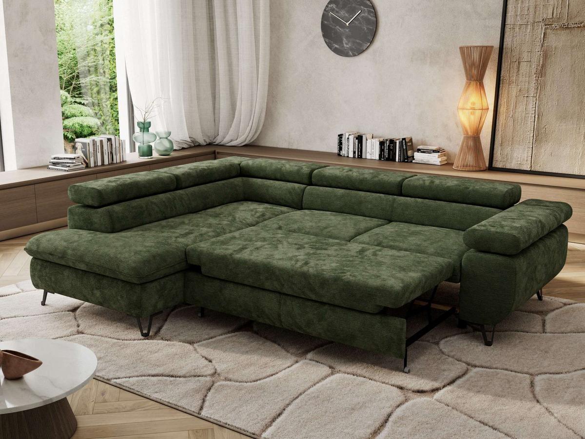 ECKSOFA PABLO L Dunkelgrün Schenille glatt - Links Seite - Dunkelgrün/Schwarz, Textil/Metall (208/273cm) - MKS