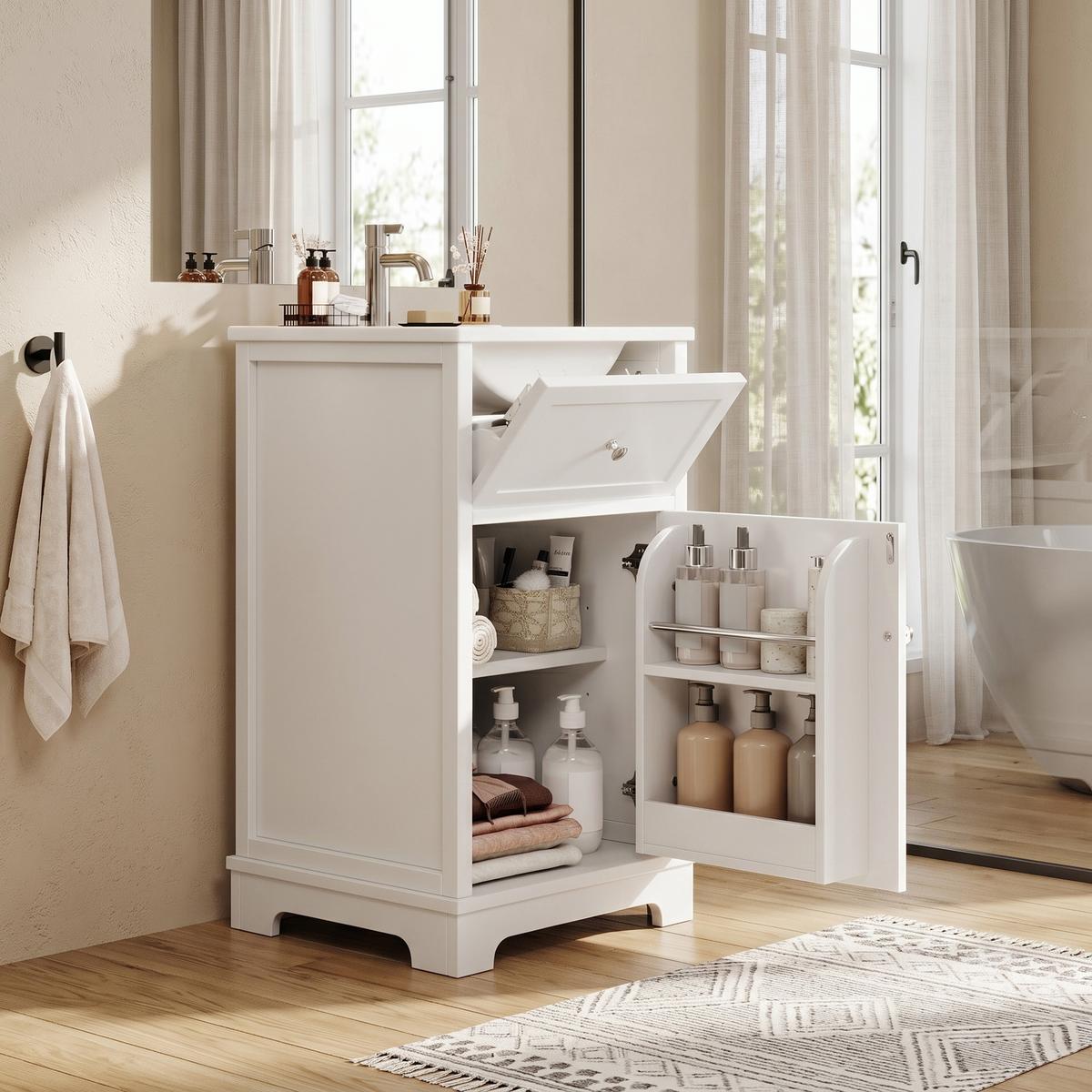 WASCHTISCH mit Unterschrank Weiß 51cm Standschrank mit Keramikbecken & Klappfach - Weiß, Holzwerkstoff (51/87/46cm) - Urban Meuble