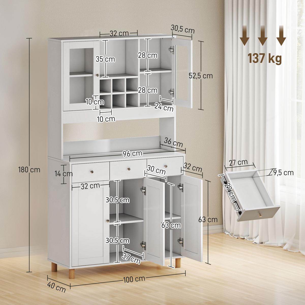 KÜCHENSCHRANK Spanplatte Hartglas Weiß - Silberfarben/Weiß, Holzwerkstoff/Metall (40/180/100cm) - HOMCOM