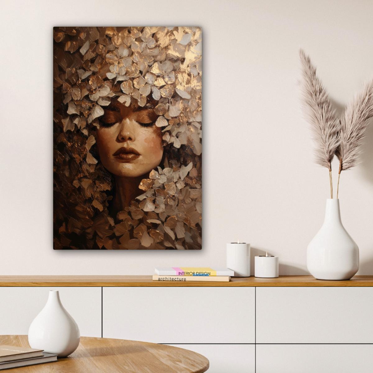 LEINWANDBILD Gesicht - Dame - Blätter - Pinselstriche Wanddeko 40x60 cm - Goldfarben, Textil (40/60cm) - MuchoWow
