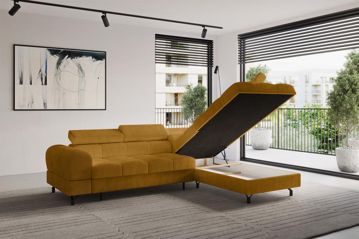 ECKSOFA mit Schlaffunktion Ottomane Rechts LUMA-L 272x203x70 Senfgelb Cord - Schwarz/Honig, Holzwerkstoff/Kunststoff (203/272cm) - ALTDECOR