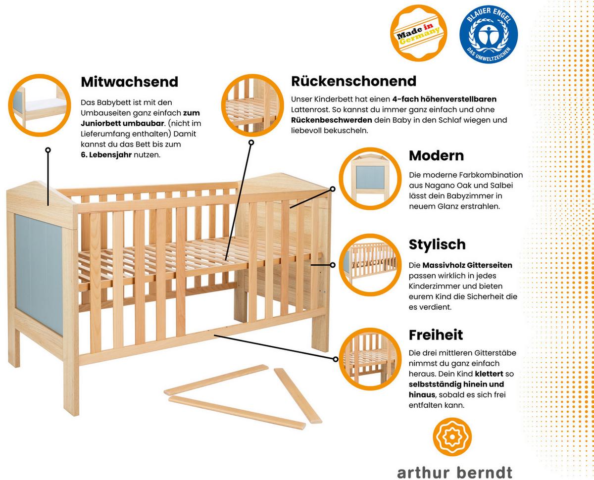 BABYBETT Roofy - Salbeigrün/Eichefarben, Holz/Holzwerkstoff - arthur berndt