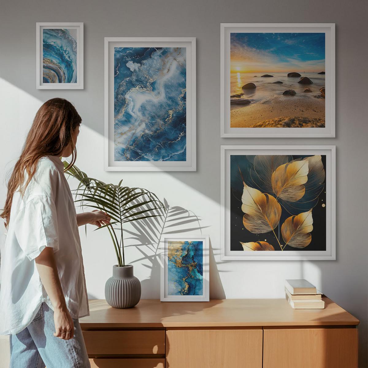 BILDER SET 5er Set - 50x50 cm & 20x30 cm & 40x60 cm Weißer Rahmen - Porträt einer Frau, Auge, Farben, Emotionen - Weiß, Kunststoff (40/60cm) - TULUP