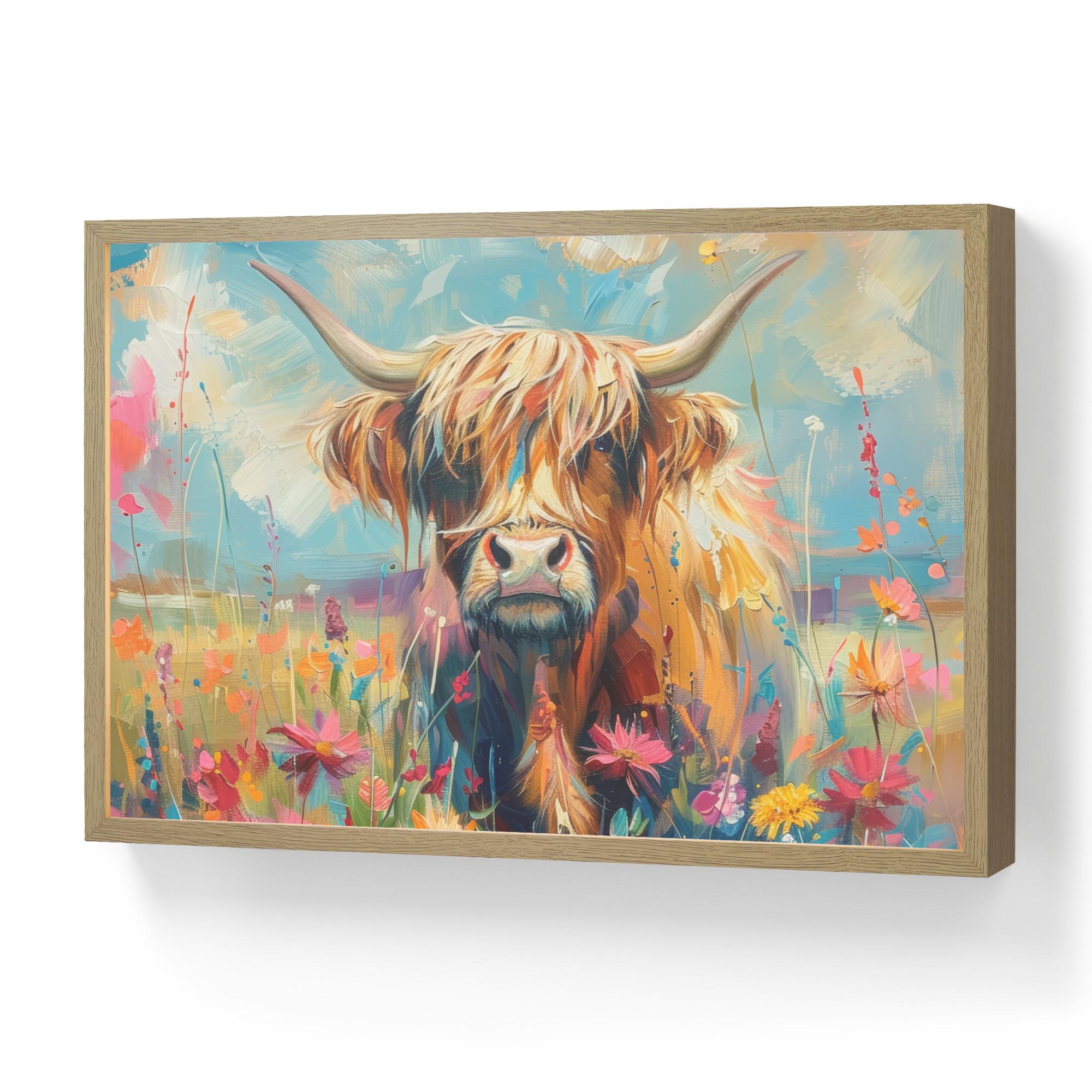 WANDLEUCHTE MIT AKKU Schottische Hochländer - Natur - Farbenfroh - Blumen 60x40 cm - Multicolor, Holzwerkstoff (60/40/8cm) - OnlyWow
