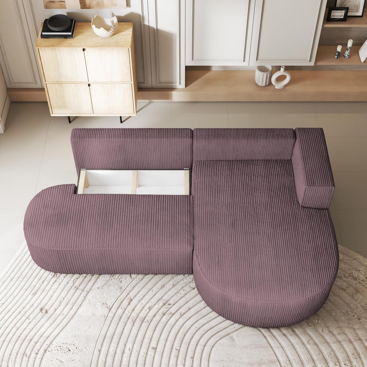 ECKSOFA CORTIO P R-S Lila Kordstoff mit Schlaffunktion - Lila, Holz (265/174cm) - MASSENO