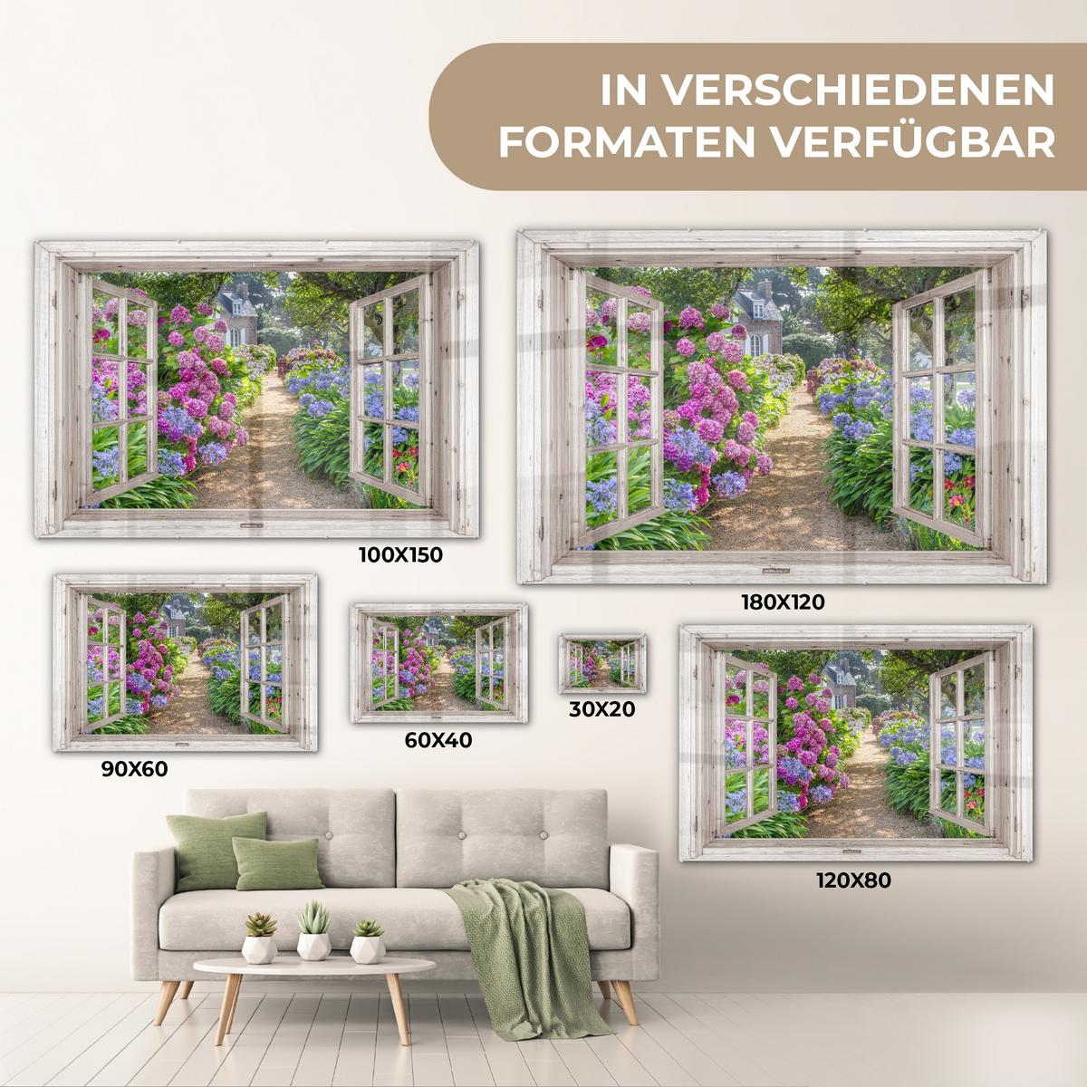 ACRYLGLASBILD Hortensie - Durchsichtig - Blumen - Sommer - Lila - Weg Wandbild Schlafzimmer 120x80 cm - Lila, Glas (120/80cm) - MuchoWow