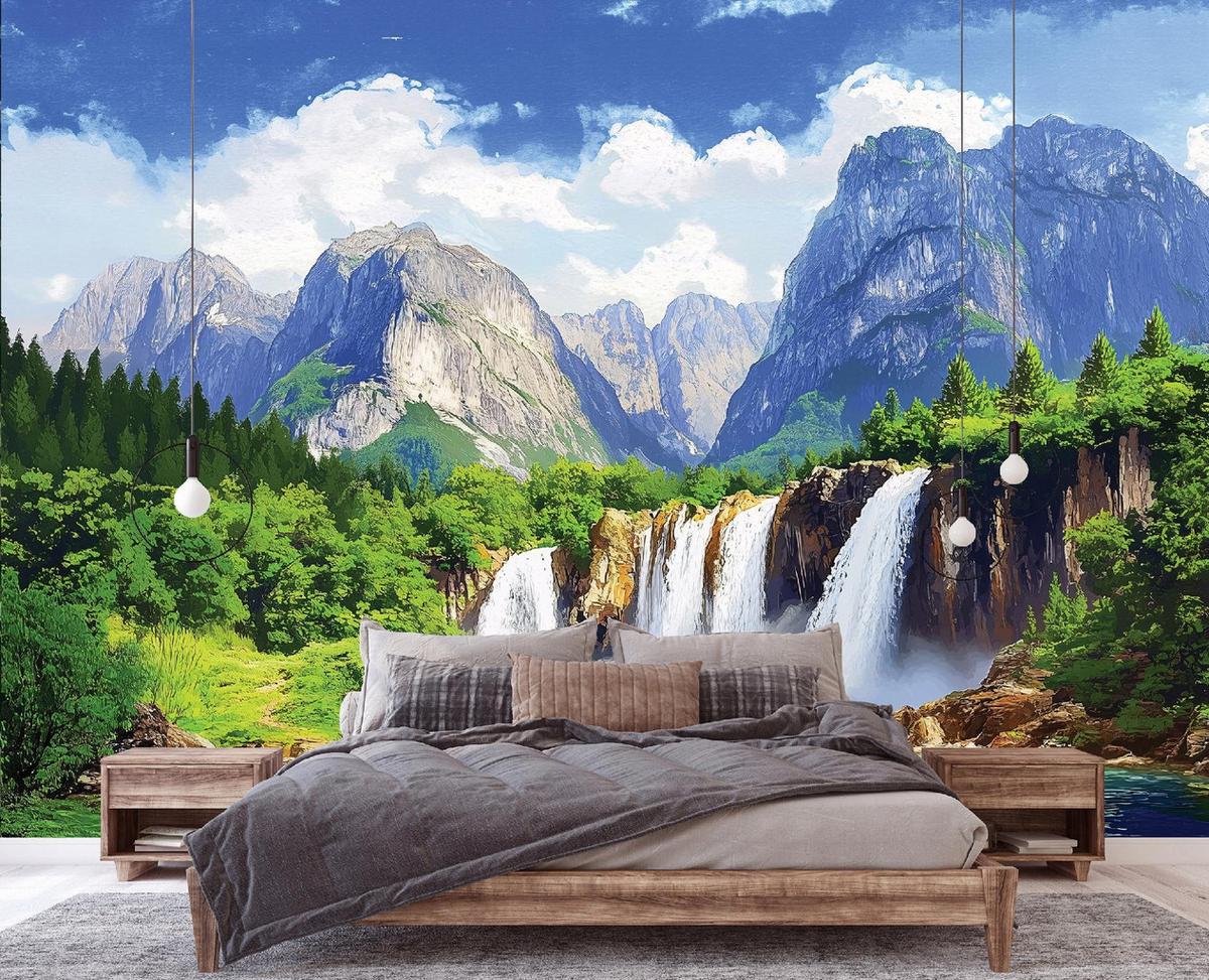 FOTOTAPETE 3D Effekt Wasserfall Berge Natur Tapete Wohnzimmer 250x175 - Multicolor, Papier (250/175cm) - Wallarena