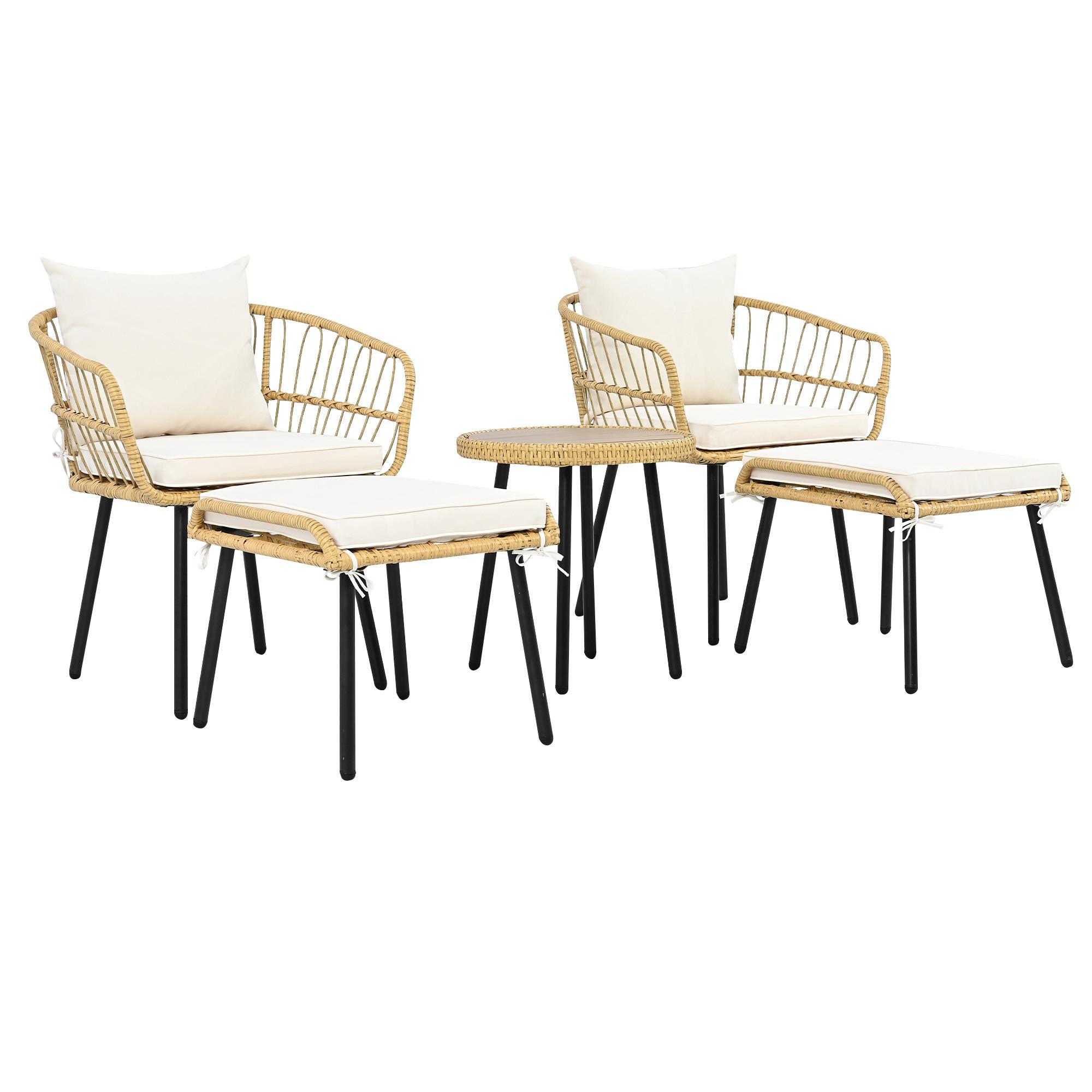 LOUNGEGARNITUR 5-tlg. Rattan Natur & Weiß Balkonmöbel mit Tisch, 2 Stühlen & 2 Hockern - Naturfarben, Textil - Urban Meuble