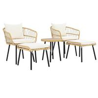 LOUNGEGARNITUR 5-tlg. Rattan Natur & Weiß Balkonmöbel mit Tisch, 2 Stühlen & 2 Hockern - Naturfarben, Textil - Urban Meuble