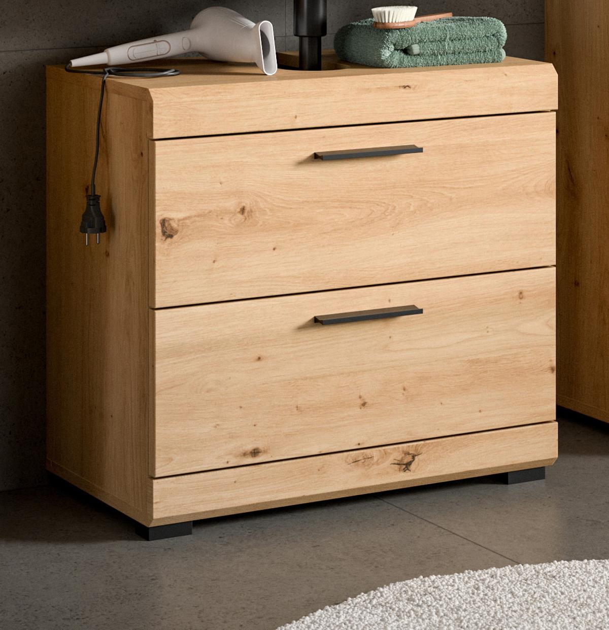 WASCHBECKENUNTERSCHRANK Eiche Artisan 60 cm, Badezimmer Unterschrank mit Schubkästen - Schwarz/Eiche Artisan, Holzwerkstoff/Kunststoff (60/56/34cm) - Inn.Furn