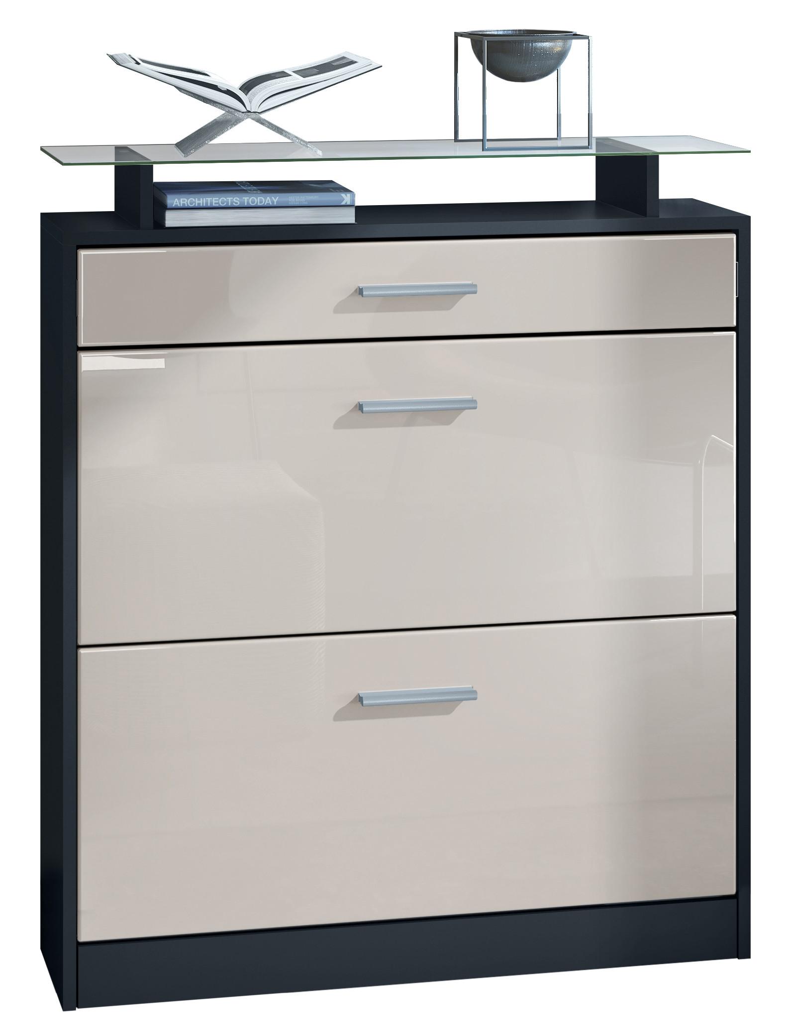 SCHUHSCHRANK Loret Front in Sandgrau Hochglanz - Sandfarben, Holzwerkstoff (89/104/23cm) - Vladon