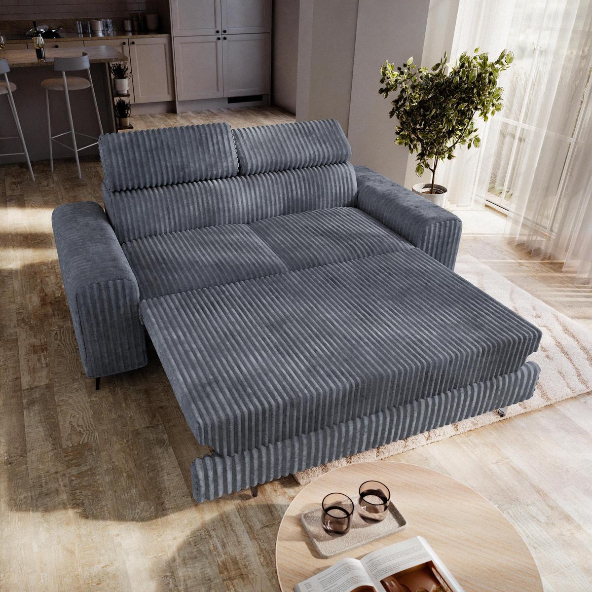 BETTSOFA BENETE Grau Cordstoff mit Schlaffunktion - Grau, Holz/Textil (191/89/92cm) - MASSENO