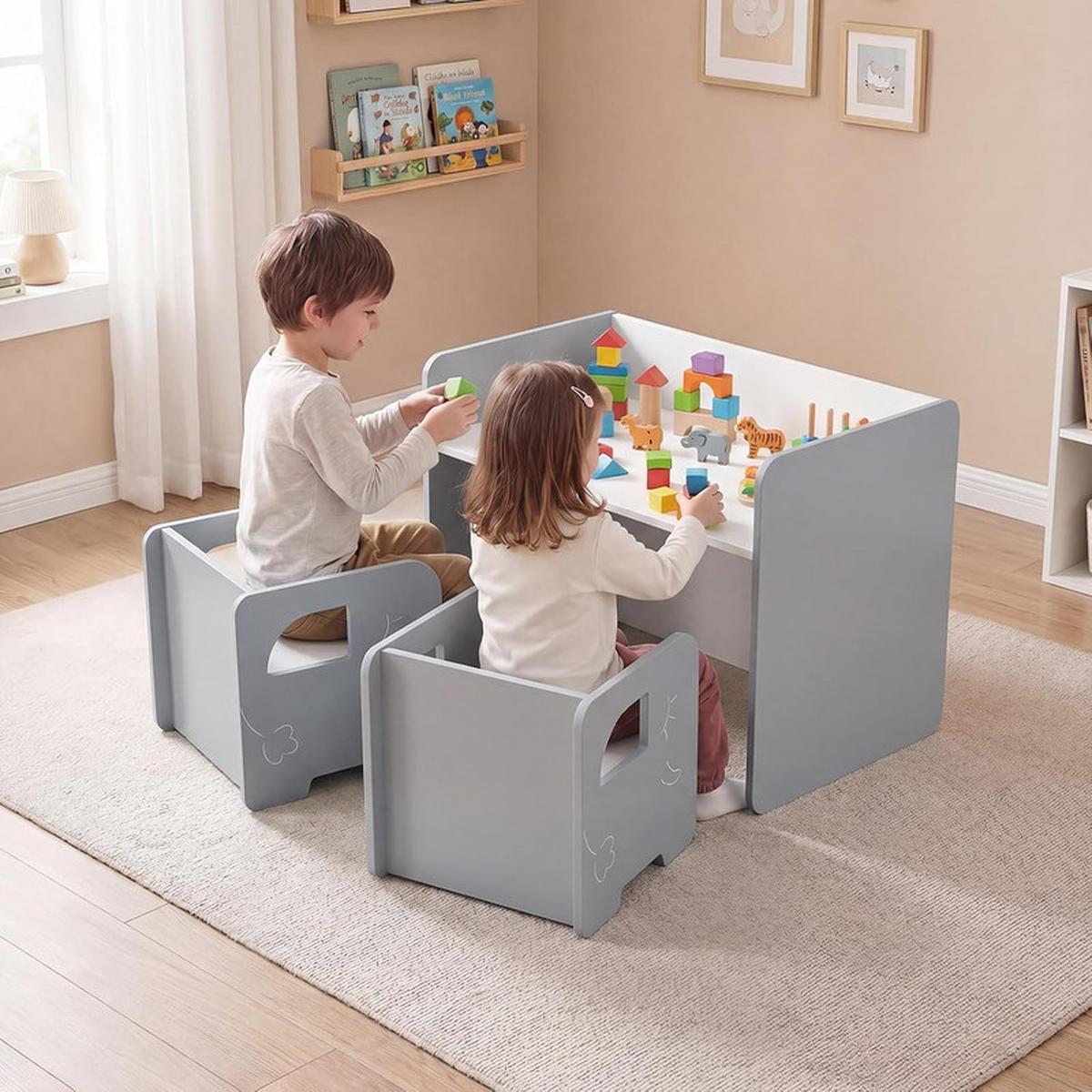 KINDERTISCH mit Stuhl grau(3-tlg) - Grau, Holzwerkstoff (62.5/40/48cm) - COSTWAY