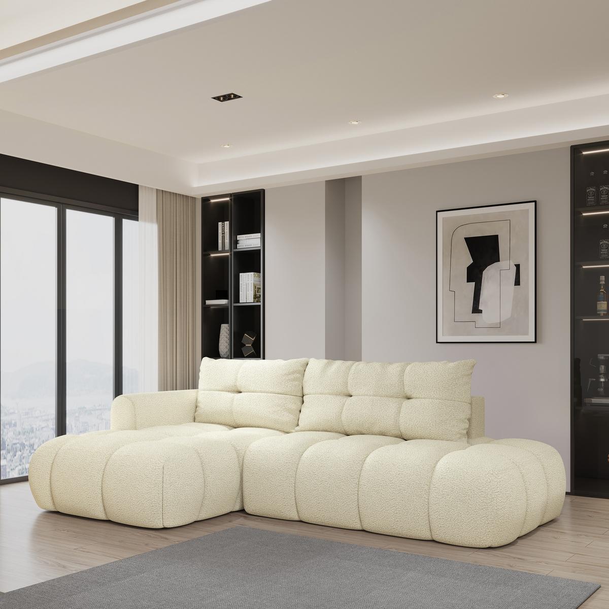 ECKSOFA FLUMA L-S Creme Boucle-Stoff mit Schlaffunktion - Creme, Holz (279/158cm) - MASSENO