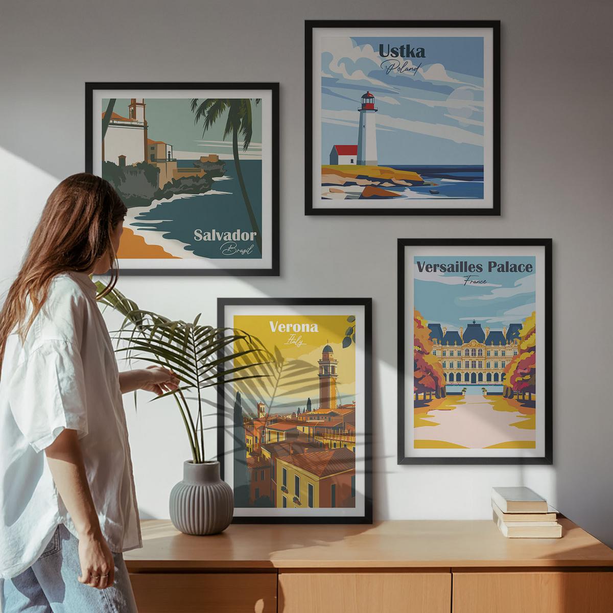 BILDER SET 4er Set - 50x50 cm & 40x60 cm Schwarzer Rahmen - Blicke auf berühmte Orte am Meer - Schwarz, Kunststoff (50/50cm) - TULUP