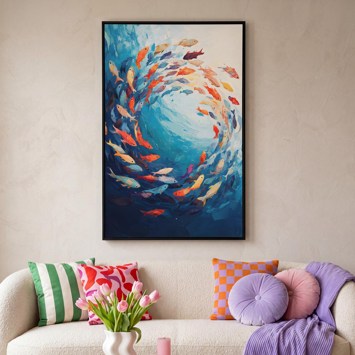 LEINWAND Bilder mit Rahmen - Meer - Fische - Bunt - Dynamisch - 100x150 - Hellblau, Textil (100/150cm) - MuchoWow