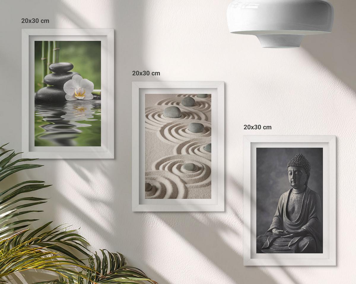 BILDER SET 3er Set - 20x30 cm Weißer Rahmen - Entspannender Blick auf den Zen-Buddha - Weiß, Kunststoff (20/30cm) - TULUP