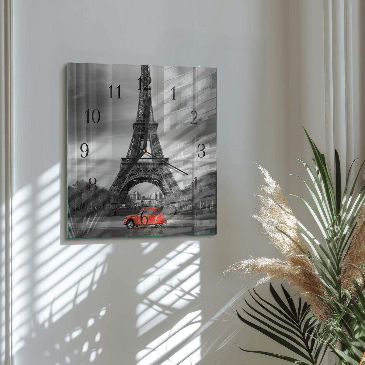 WANDUHR aus Glas 30x30 cm - Eiffelturm-Auto - Rot, Glas (30/30/0.4cm) - TULUP