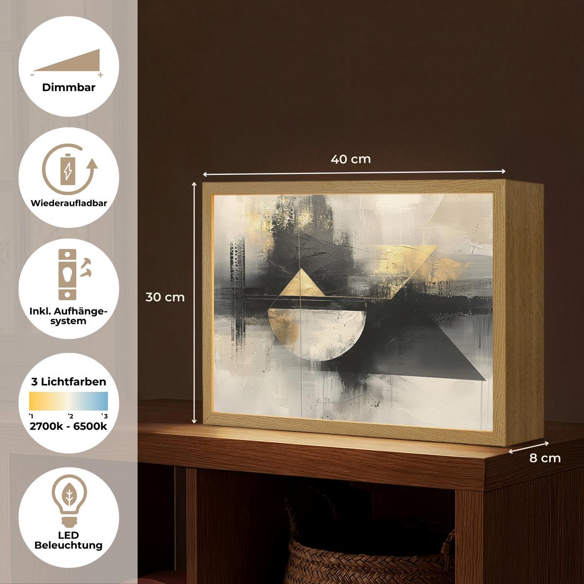 WANDLEUCHTE MIT AKKU Abstrakt - Schwarz - Farbe - Modern 40x30 cm - Grau, Holzwerkstoff (40/30/8cm) - OnlyWow