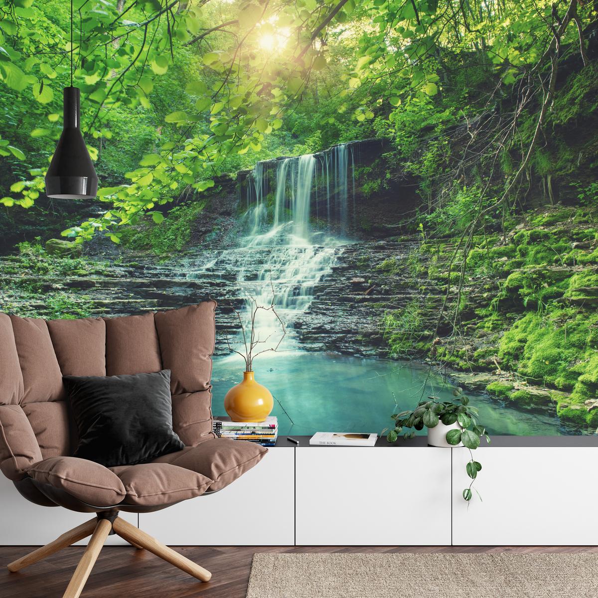 FOTOTAPETE für Schlafzimmer Türkisfarbener Wasserfall Wald Bäume Blätter Felsen 100x70 - Türkis/Blau, Papier (100/70cm) - Muralo