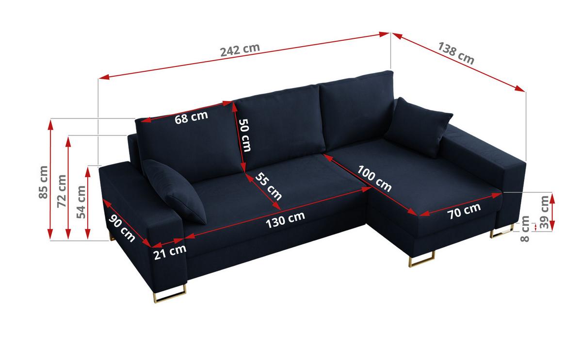 ECKSOFA Dorian Velvet Dunkelblau - Goldfarben/Dunkelblau, Textil/Metall (242/138cm) - MKS