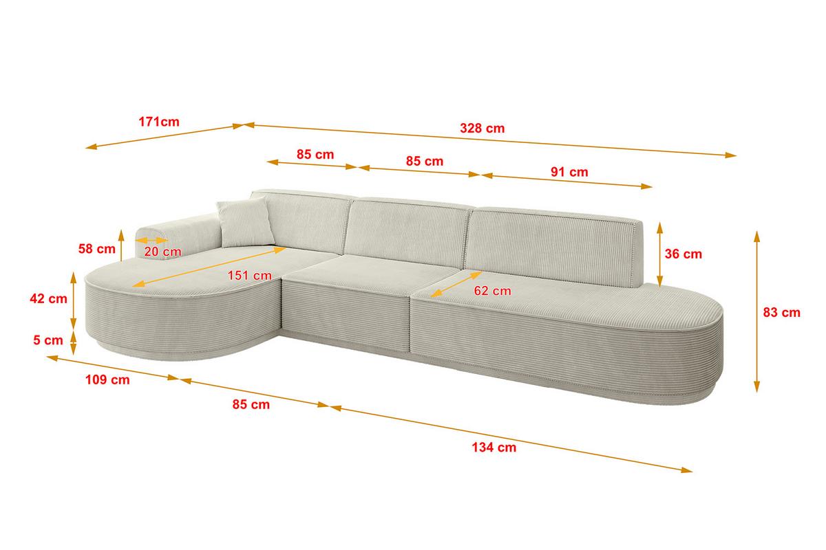 ECKSOFA Ottomane Links MARI-L2-v3 - 328x171x83 cm Creme Cord - Hellgrau/Creme, Holzwerkstoff/Kunststoff (328/171cm) - ALTDECOR