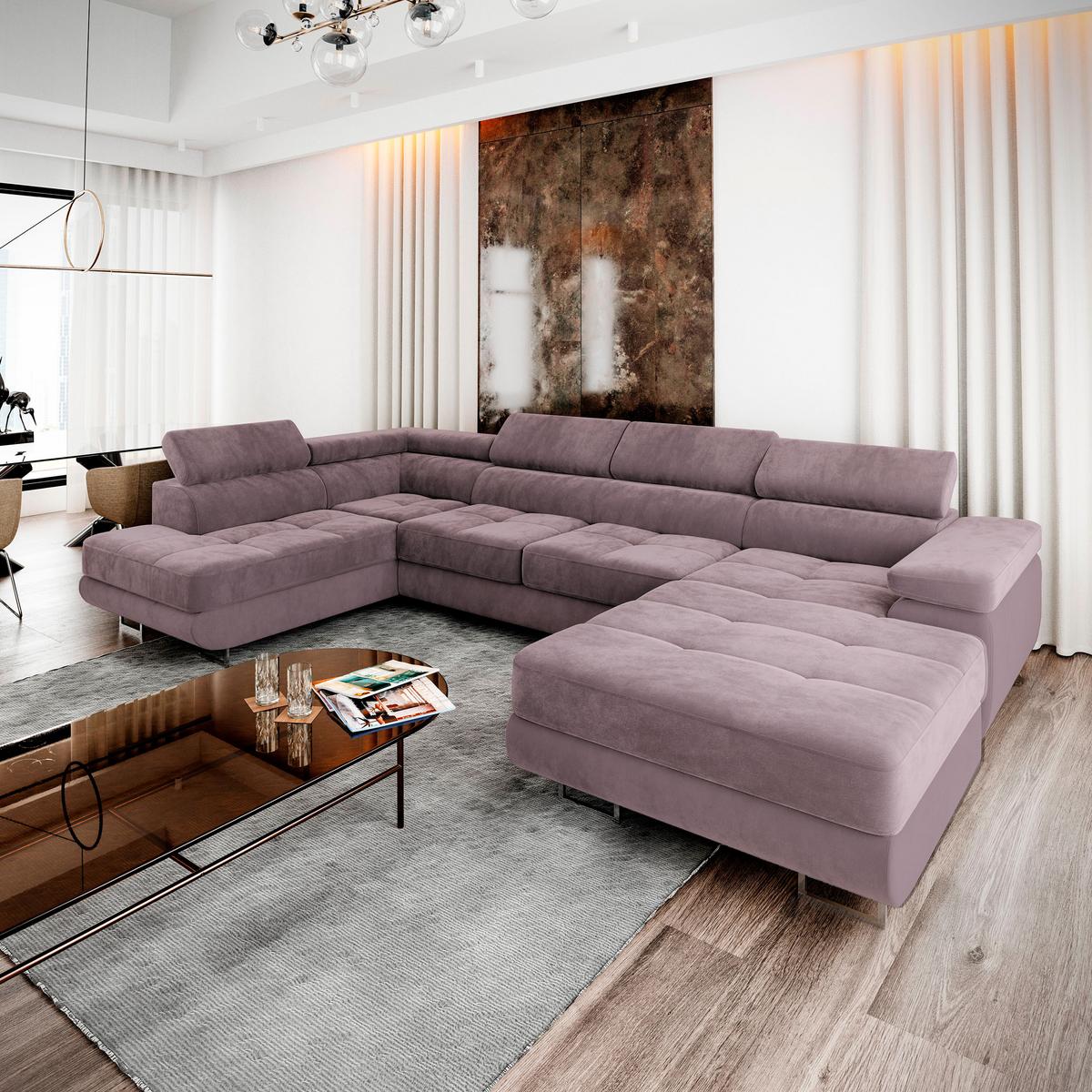 WOHNLANDSCHAFT CASONE L-S Lila Velours-Stoff mit Schlaffunktion - Lila/Silberfarben, Holz/Textil (345/90/202cm) - MASSENO