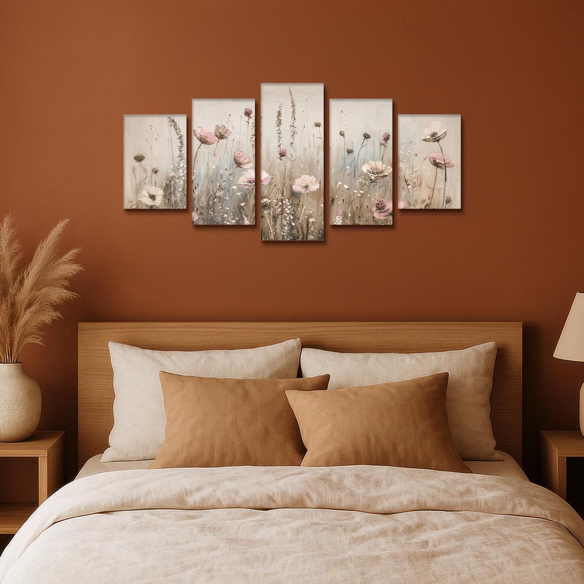LEINWANDBILD 5er Set Blumen - Beige - Modern - Rosa 100x50 cm - Ecru, Textil (100/50cm) - MuchoWow