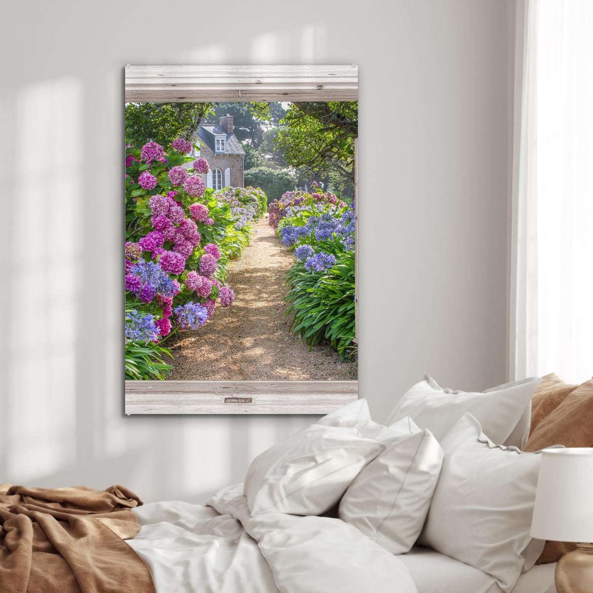 ACRYLGLASBILD Hortensie - Durchsichtig - Blumen - Sommer - Lila - Weg 80x120 cm - Lila, Glas (80/120cm) - MuchoWow